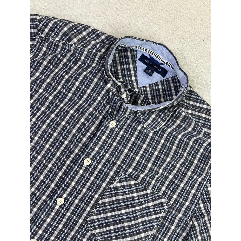 Tommy Hilfiger Shirt Mens Large Navy Blue‎ Plaid Short Sleeve Button Up Cotton